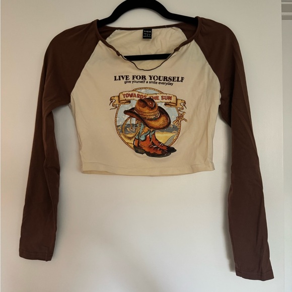SHEIN Tops - Brown and Cream Country long sleeve Crop Top